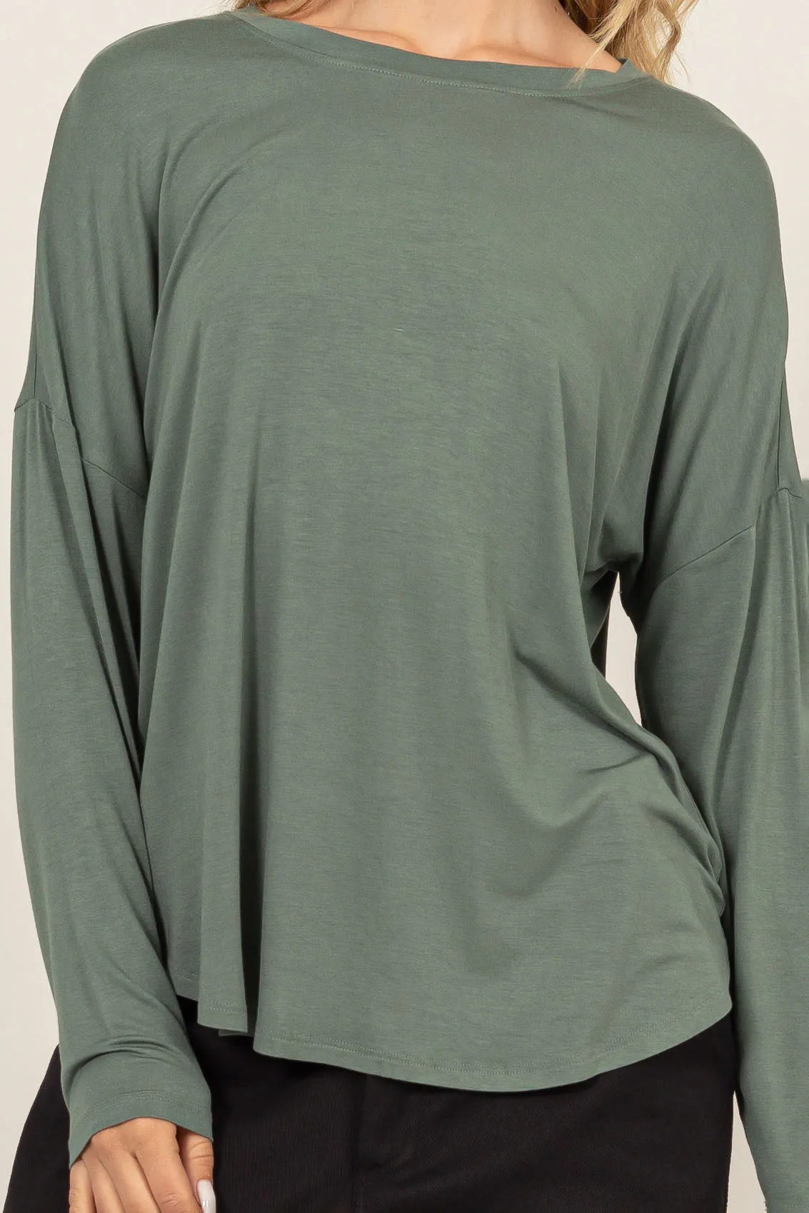 DZ24F349-Round Neck Long Sleeve Curved Hem Top