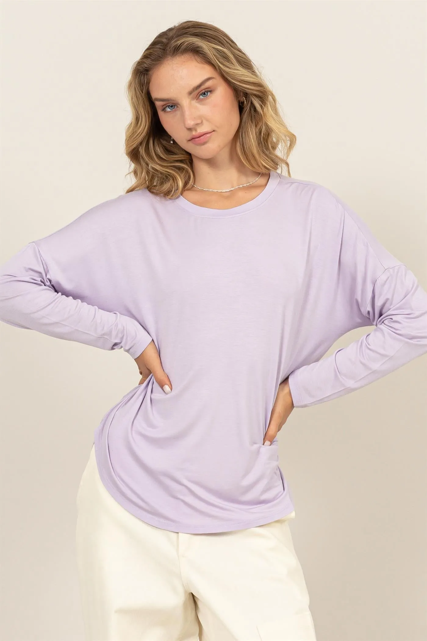 DZ24F349-Round Neck Long Sleeve Curved Hem Top