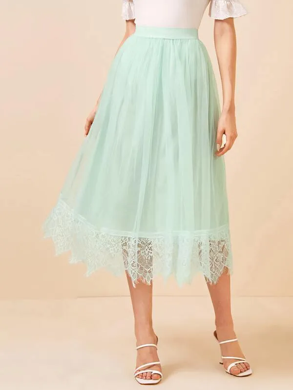 Elastic Waist Lace Hem Mesh Flare Skirt