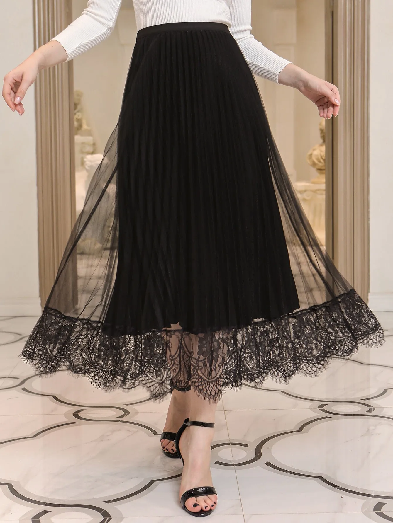 Elegant Colorblock Contrast Lace High Waist Long Women Skirt