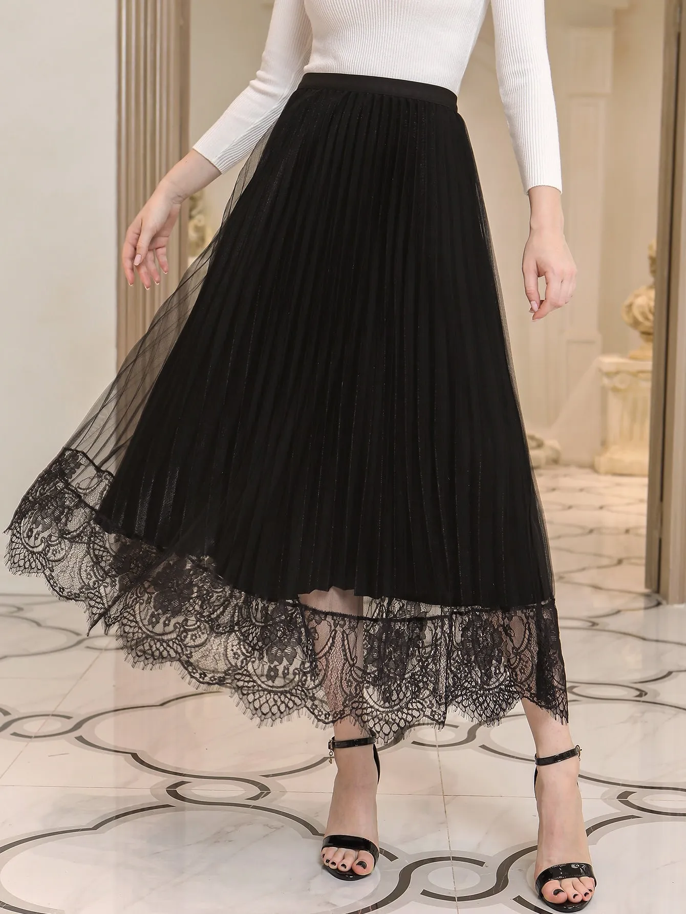 Elegant Colorblock Contrast Lace High Waist Long Women Skirt