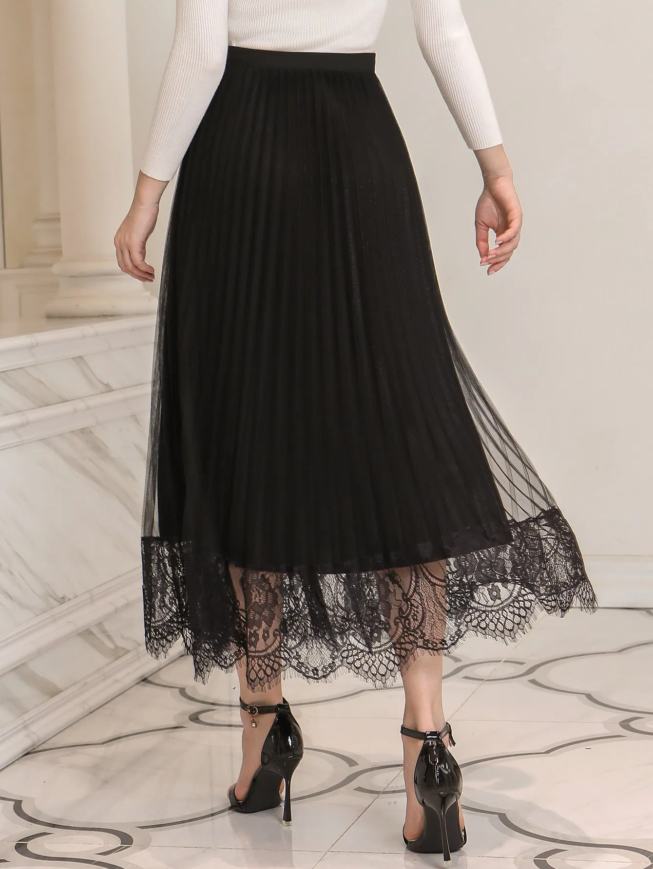 Elegant Colorblock Contrast Lace High Waist Long Women Skirt