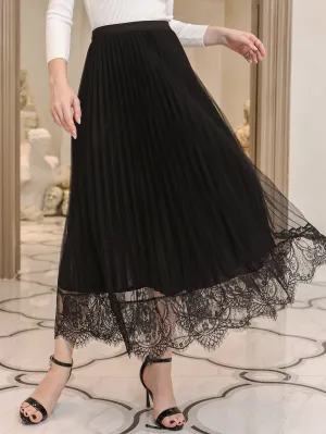 Elegant Colorblock Contrast Lace High Waist Long Women Skirt