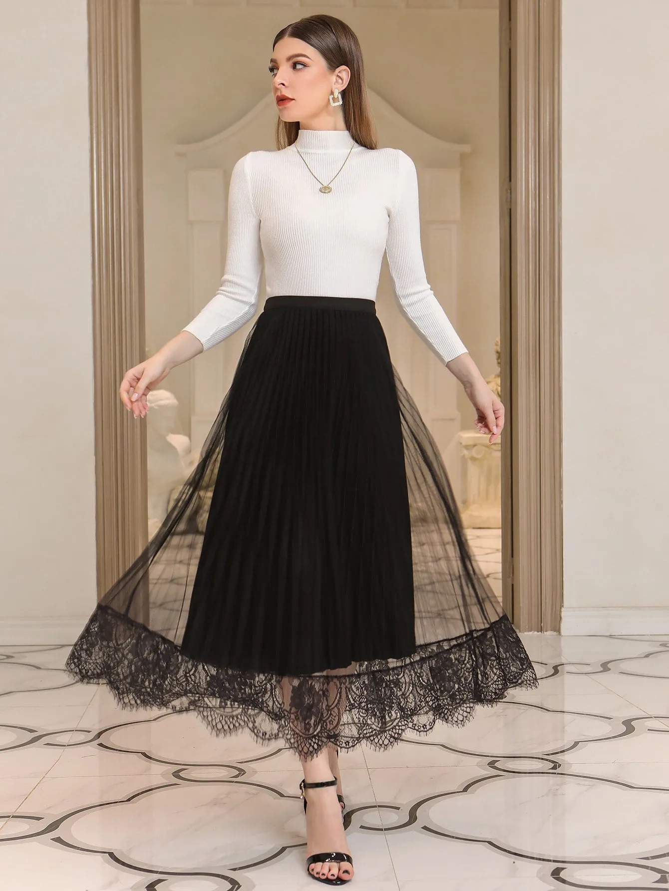 Elegant Colorblock Contrast Lace High Waist Long Women Skirt