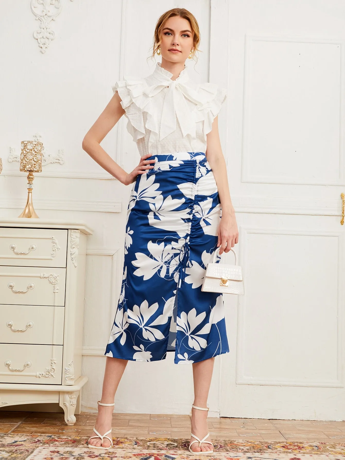 Elegant Floral Zipper High Waist Midi Women Skirt