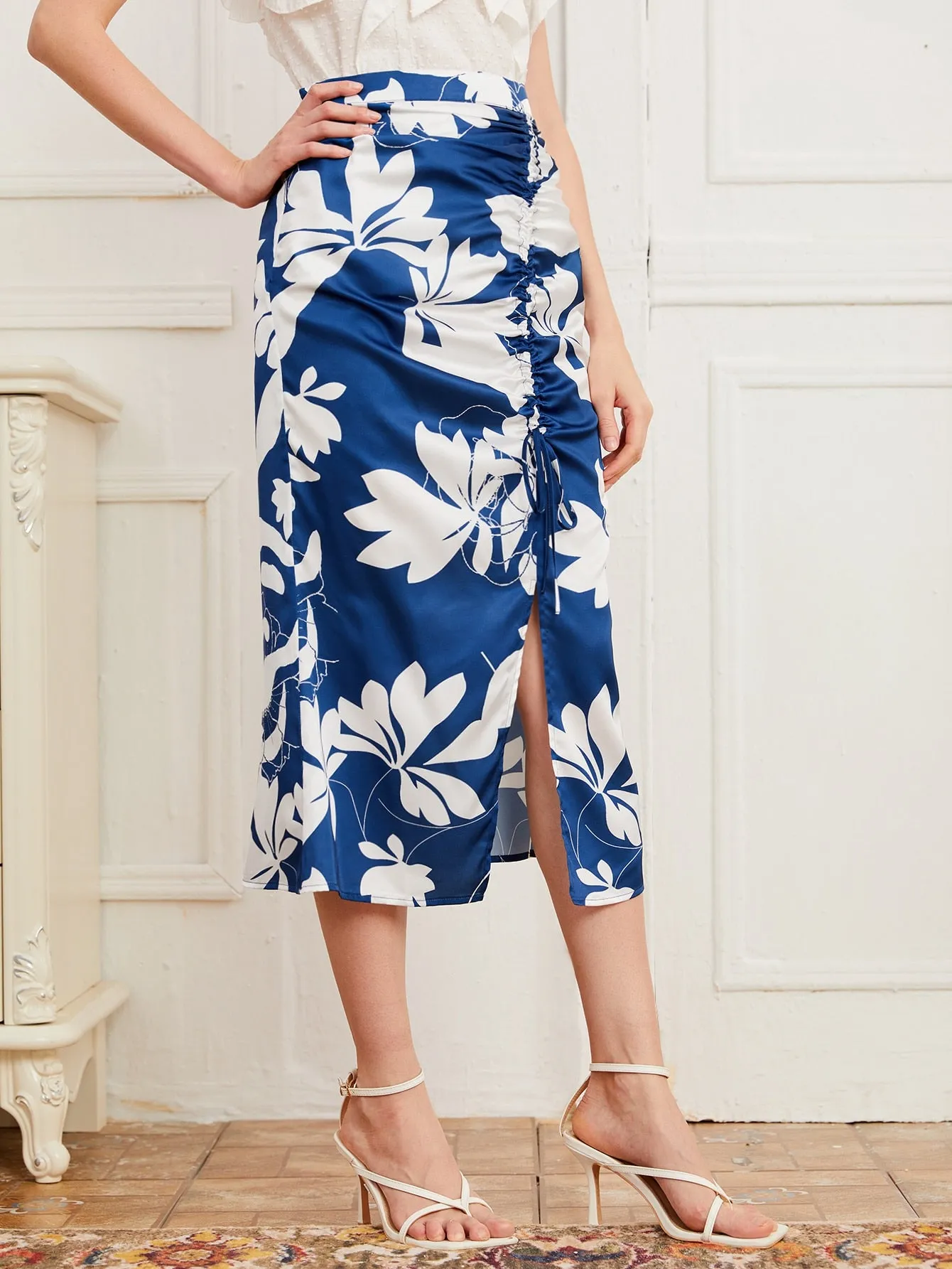 Elegant Floral Zipper High Waist Midi Women Skirt