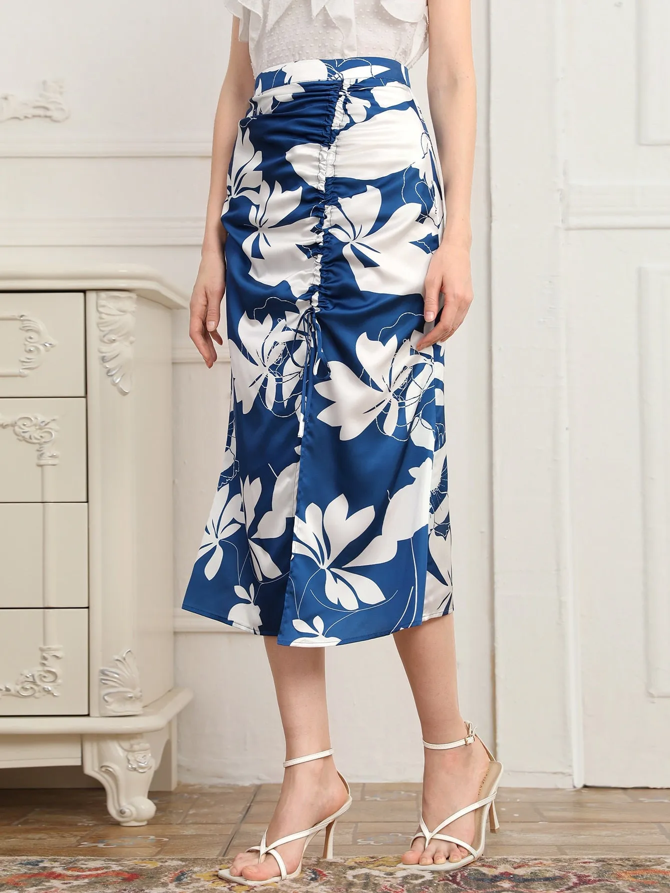 Elegant Floral Zipper High Waist Midi Women Skirt