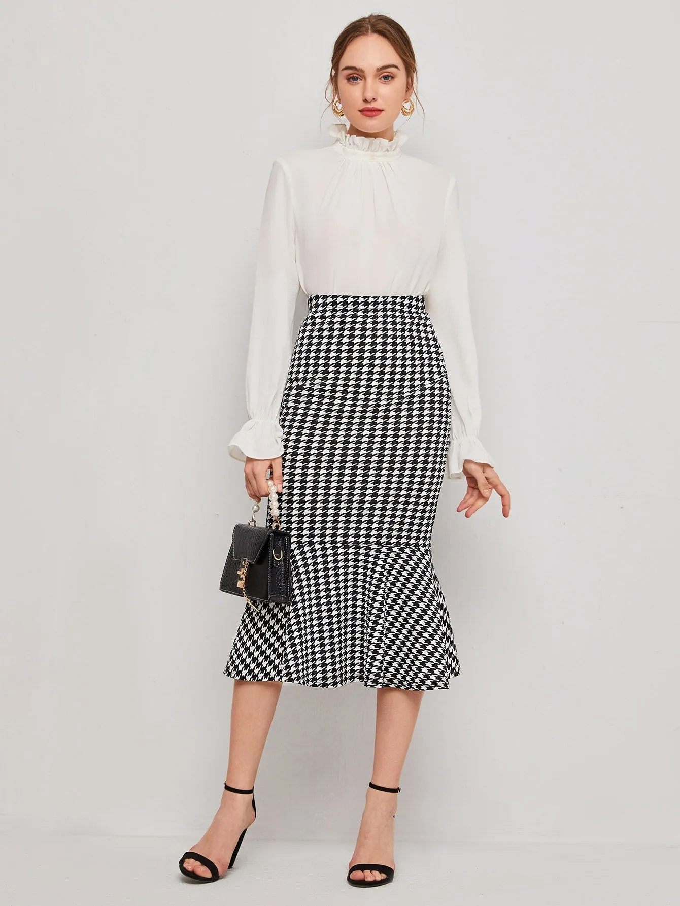 Elegant Houndstooth Ruffle Hem High Waist Long Women Skirt