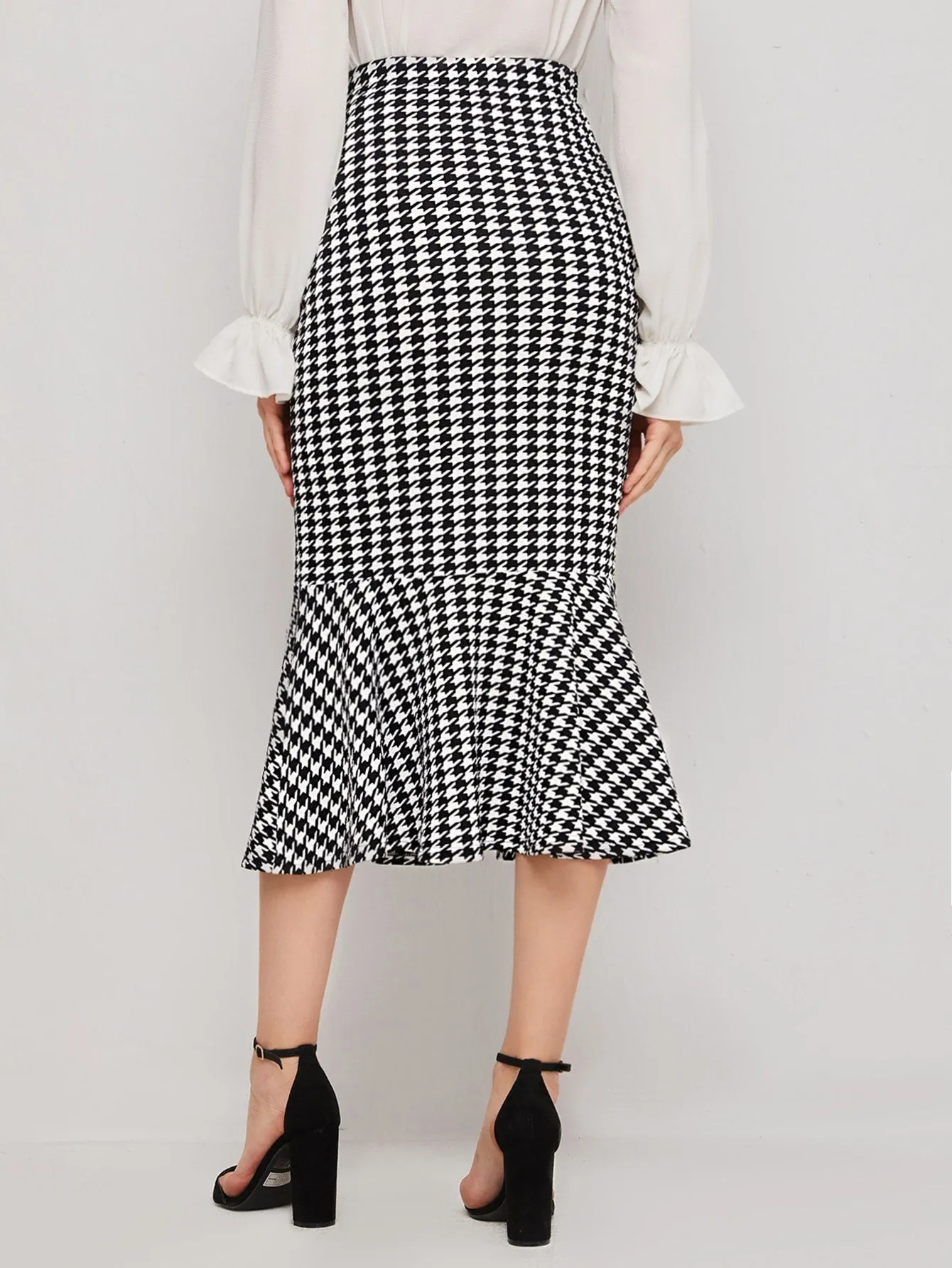 Elegant Houndstooth Ruffle Hem High Waist Long Women Skirt