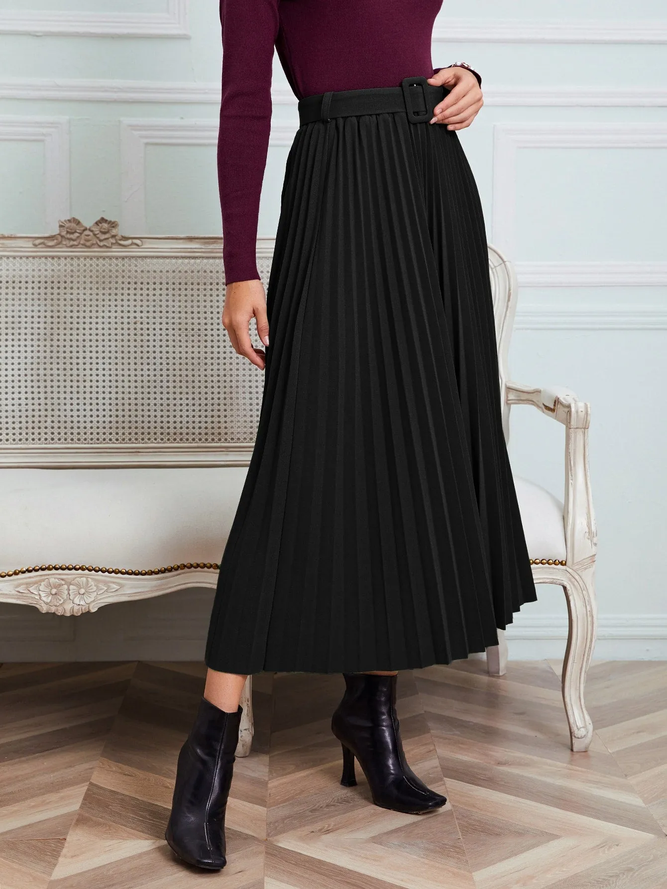 Elegant Plain Belted High Waist Long Women Skirts