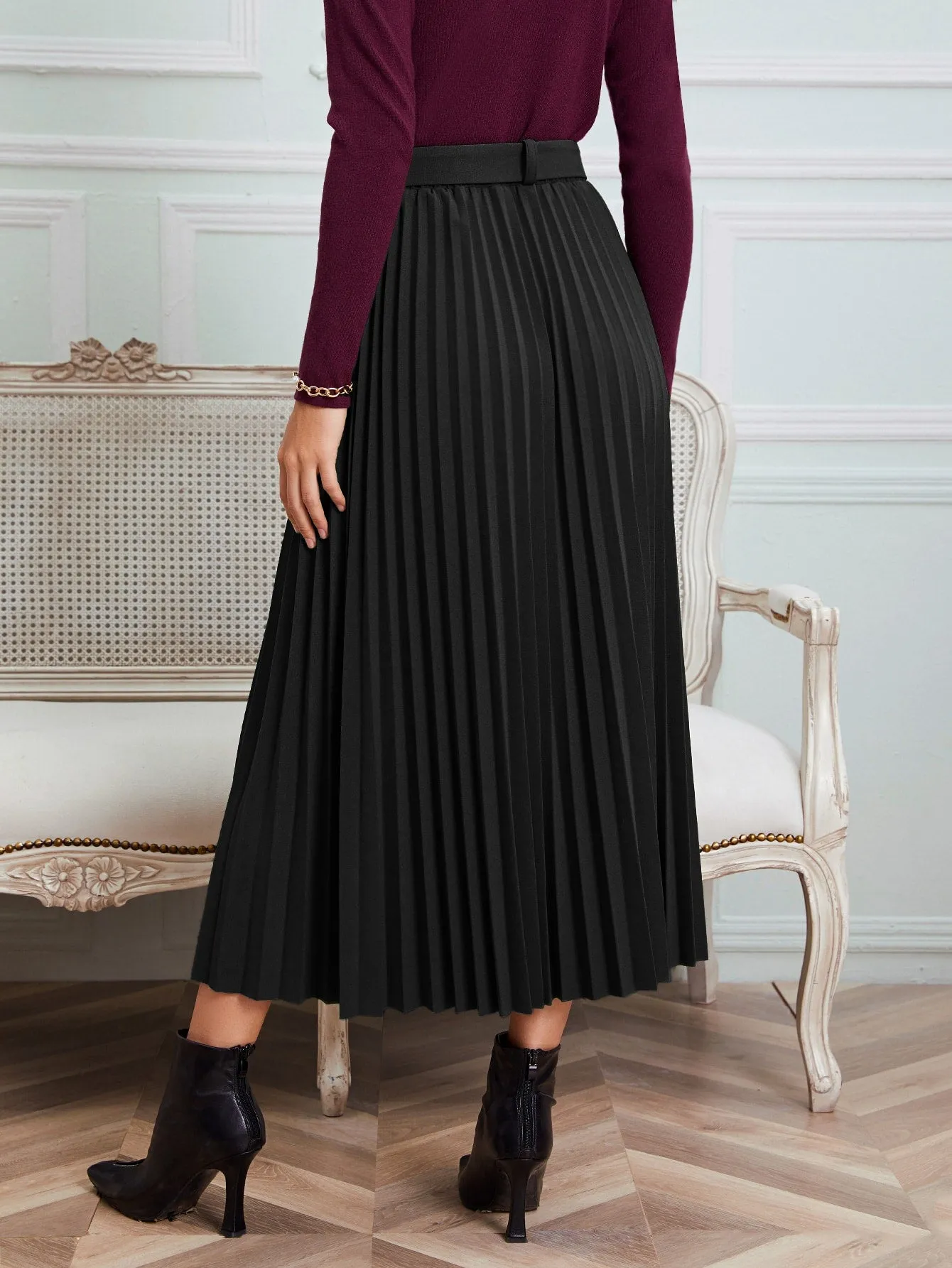 Elegant Plain Belted High Waist Long Women Skirts