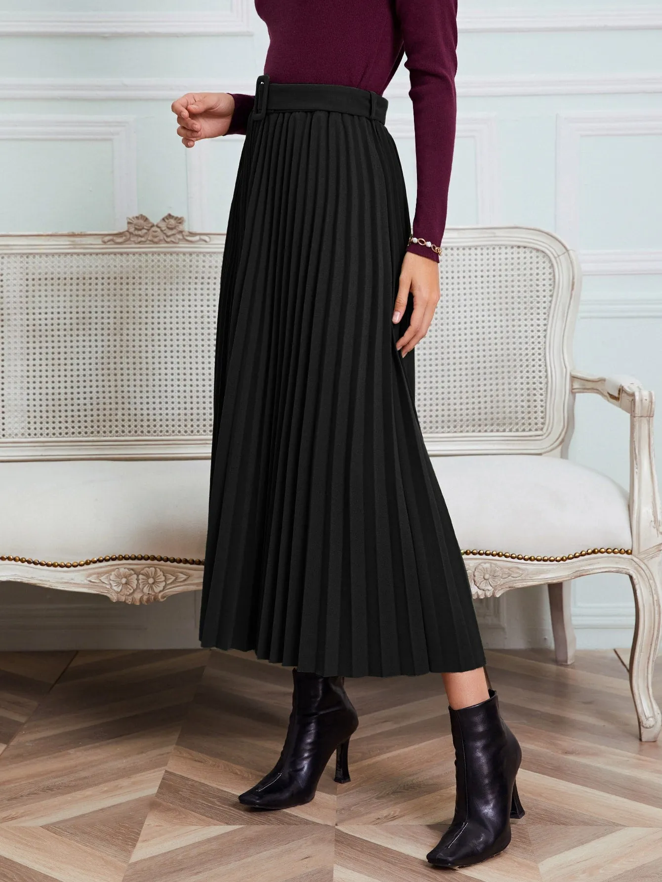 Elegant Plain Belted High Waist Long Women Skirts