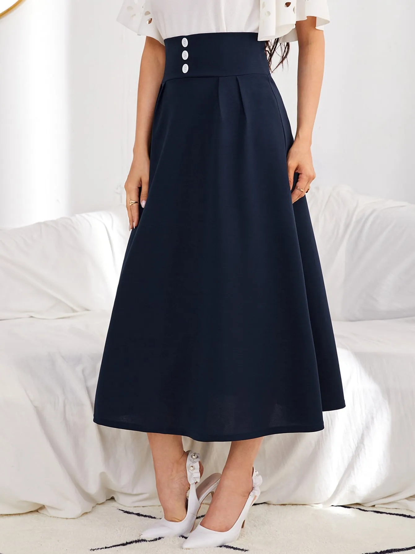 Elegant Plain Button High Waist Midi Women Skirts