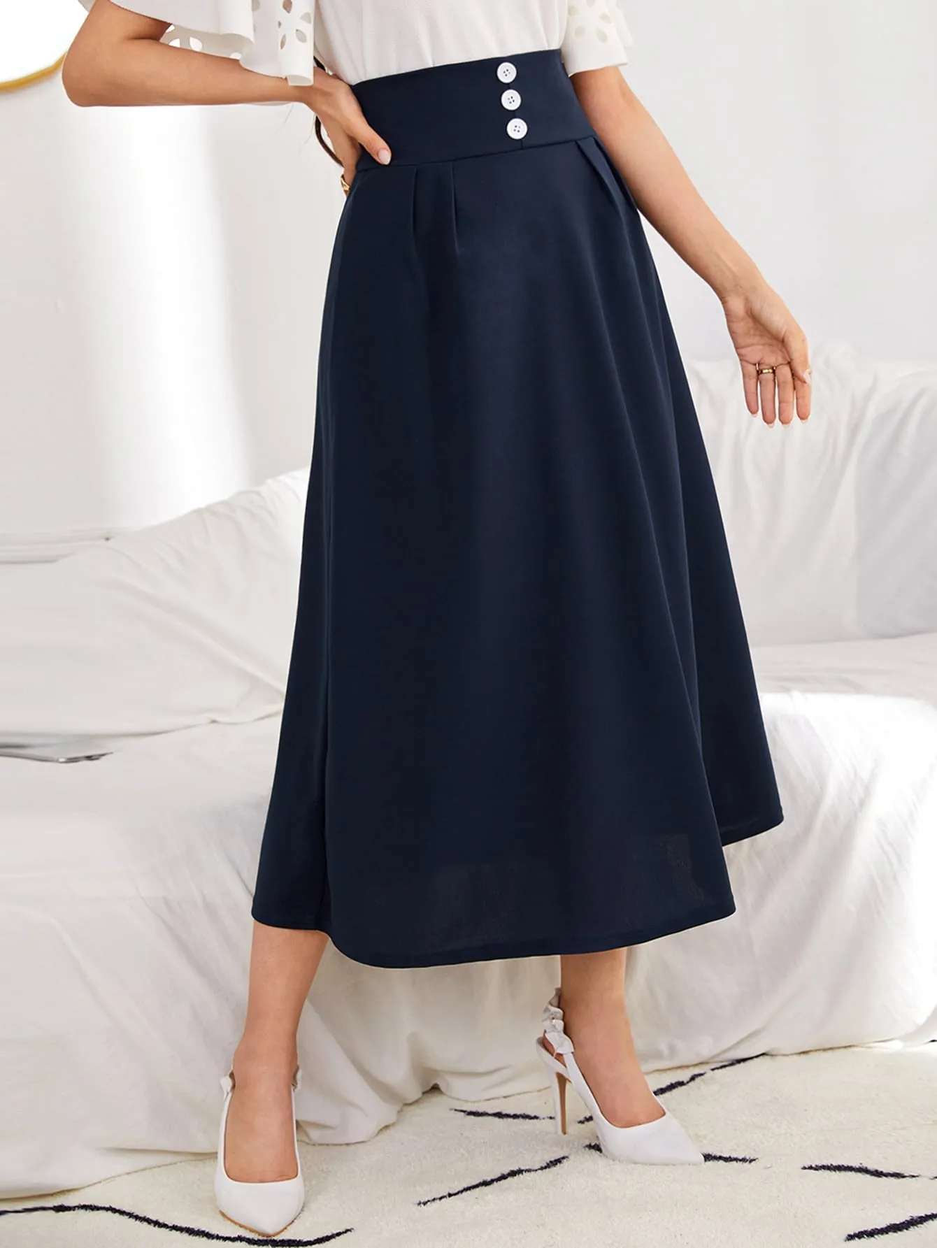 Elegant Plain Button High Waist Midi Women Skirts