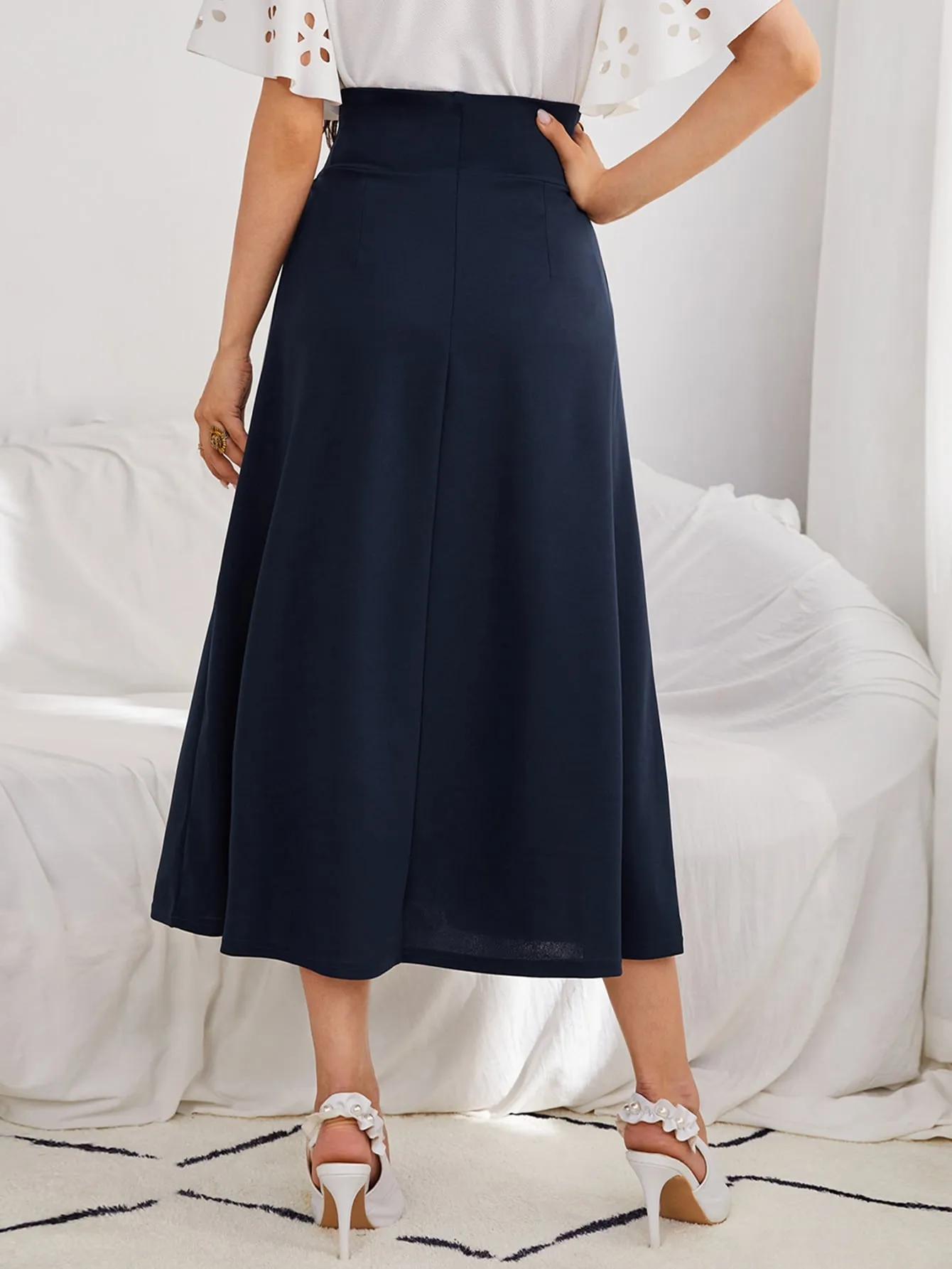 Elegant Plain Button High Waist Midi Women Skirts