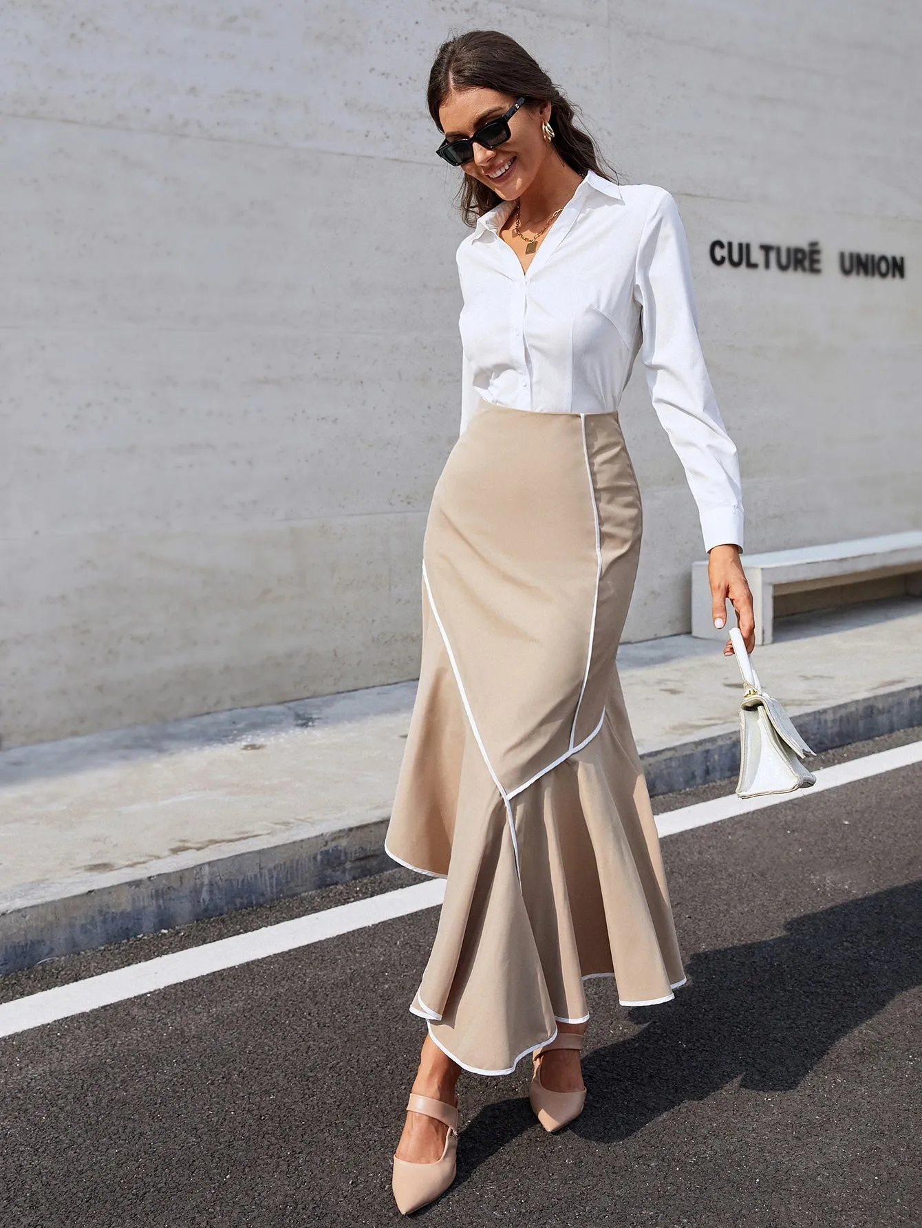 Elegant Plain Contrast Binding High Waist Long Women Skirt