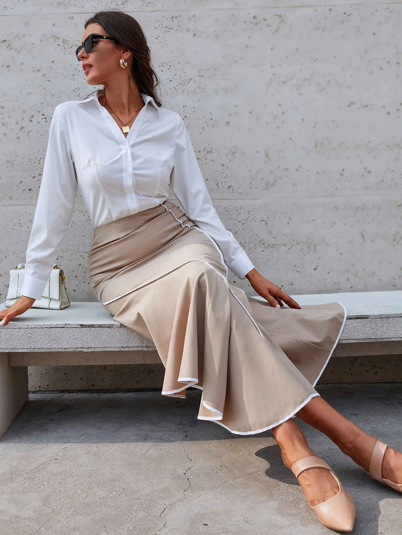 Elegant Plain Contrast Binding High Waist Long Women Skirt