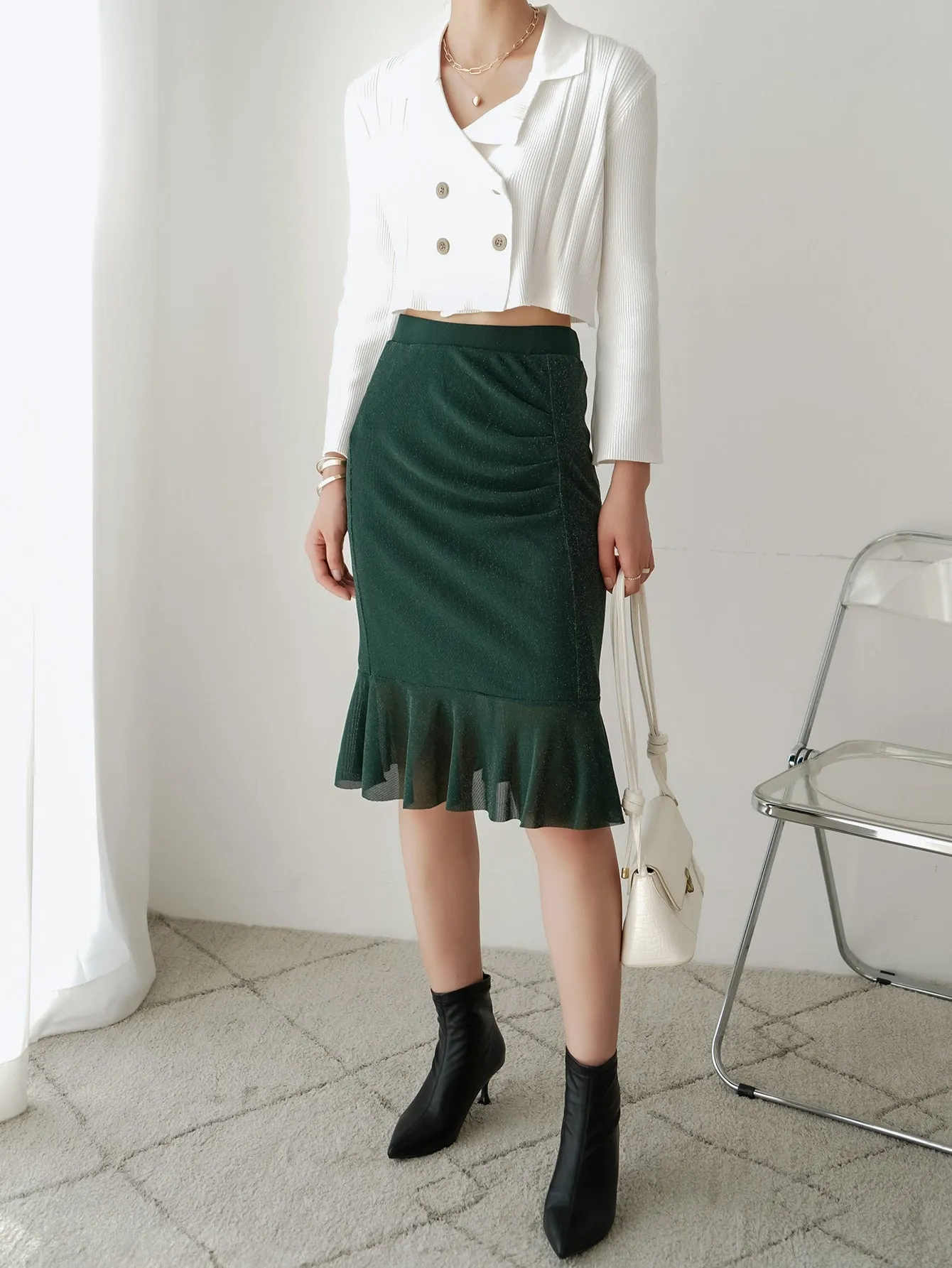 Elegant Plain Ruffle Hem High Waist Midi Women Skirt