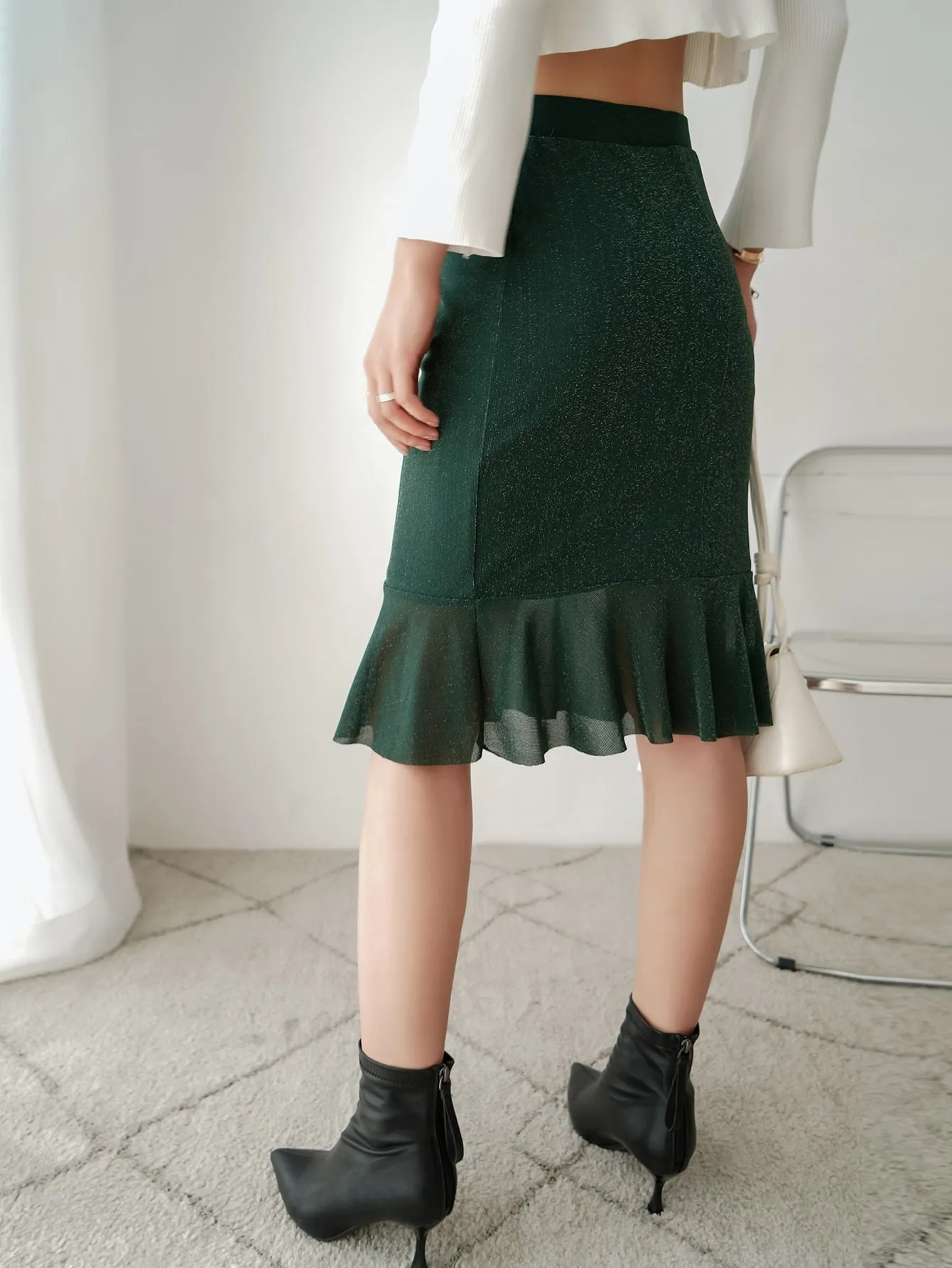 Elegant Plain Ruffle Hem High Waist Midi Women Skirt