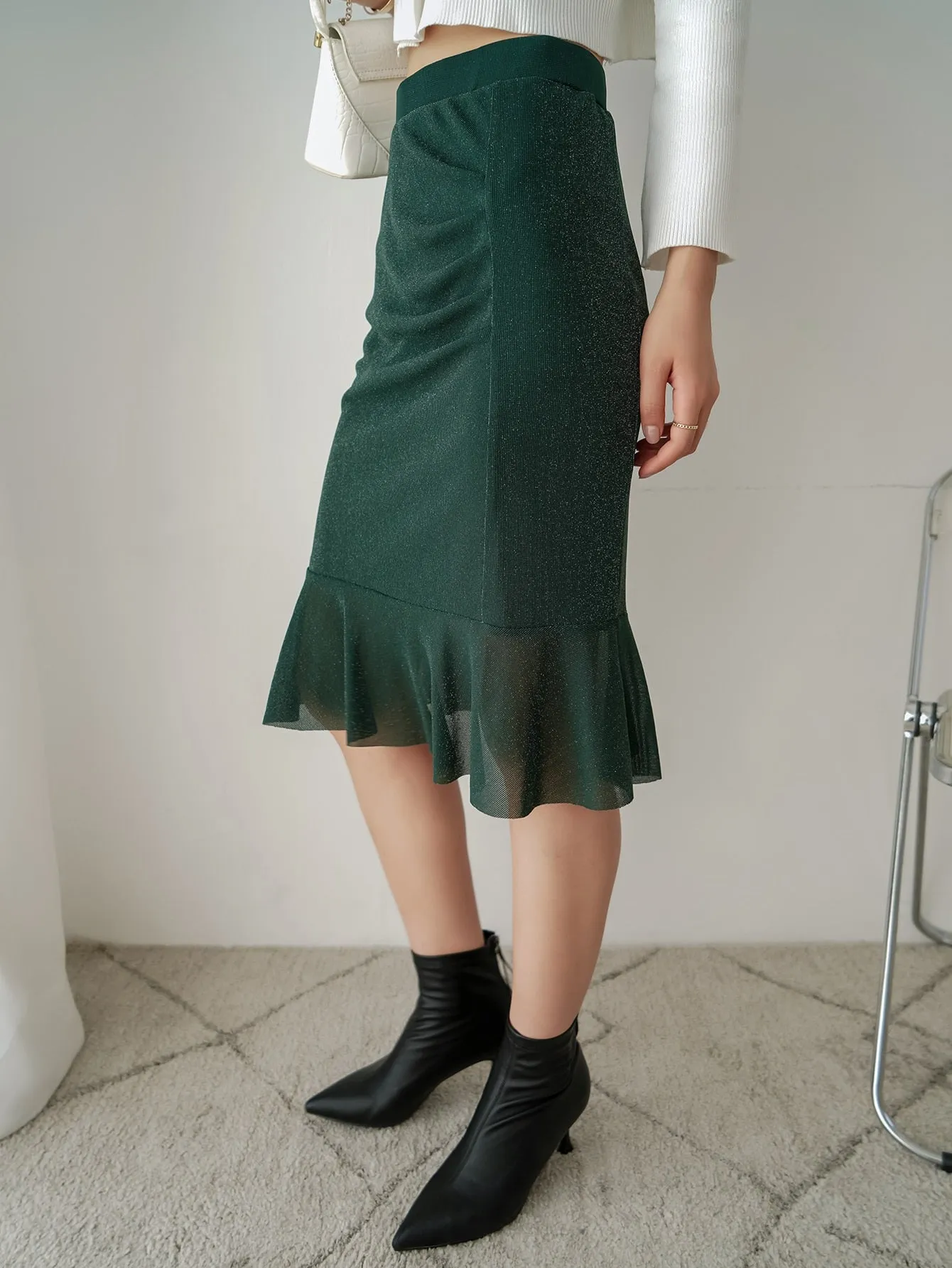 Elegant Plain Ruffle Hem High Waist Midi Women Skirt