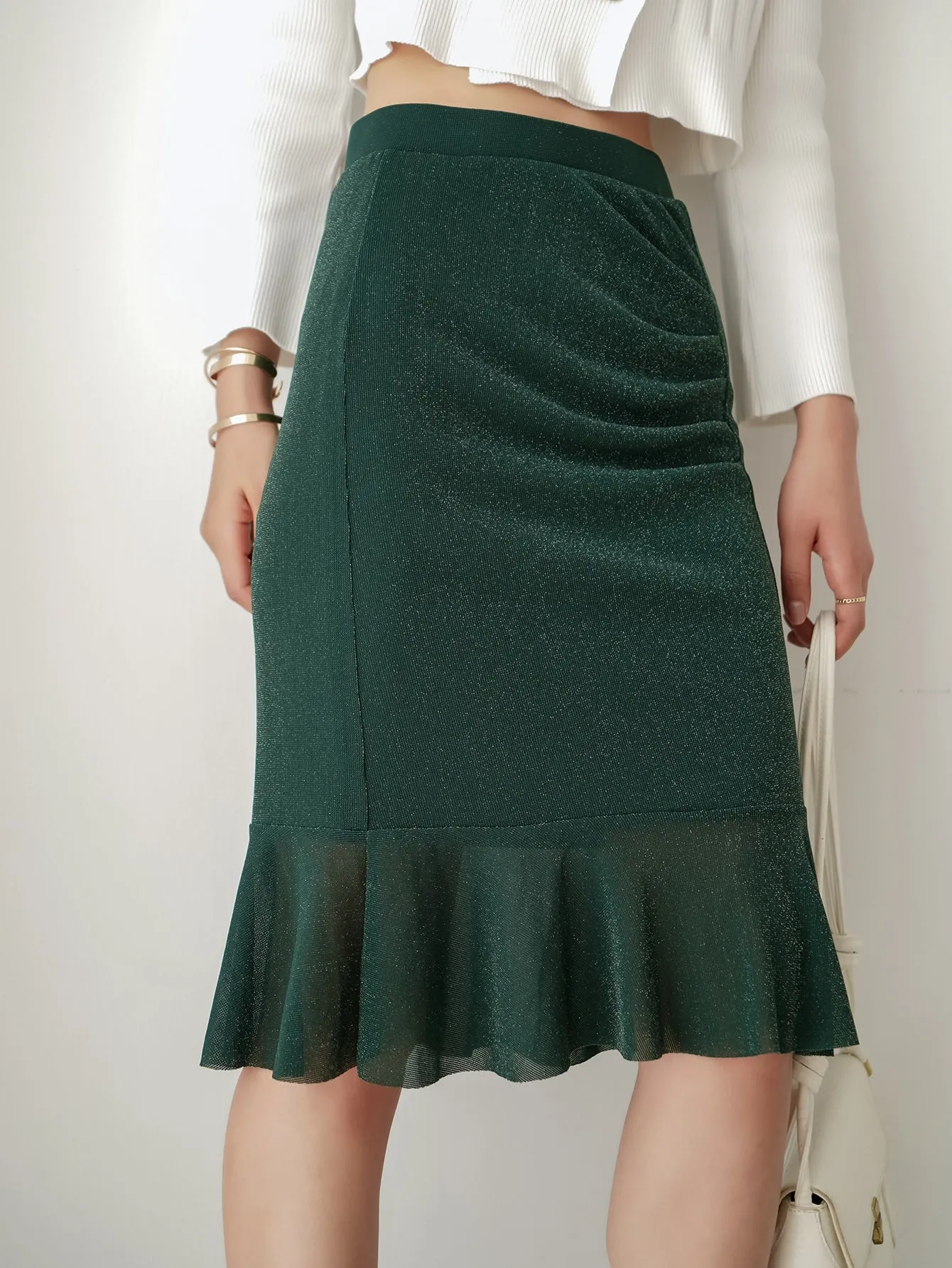 Elegant Plain Ruffle Hem High Waist Midi Women Skirt