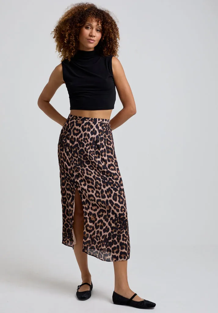 Grace Side Slit Big Cat Print Midi Skirt In Brown