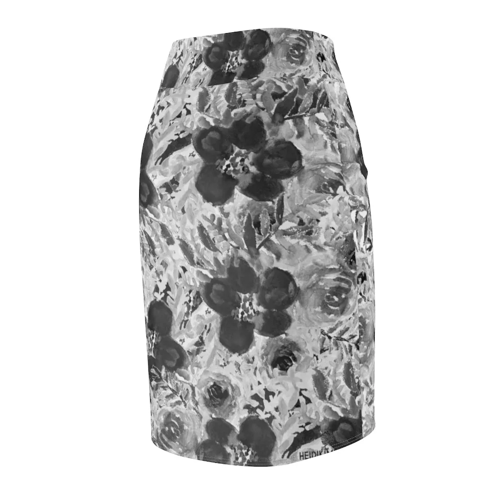 Gray Floral Women's Pencil Skirt, Grey Flower Printed Ladies' Mid-Waist Skirt-Made in USA