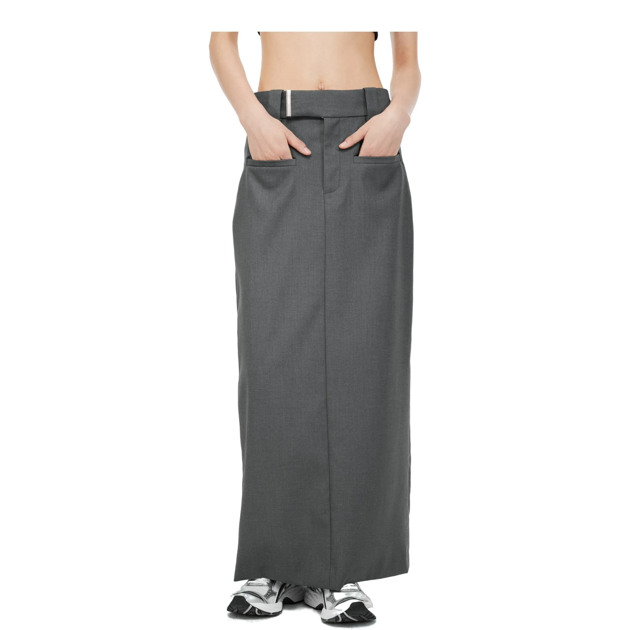 Grey Custom Metal Clip Side-Slit Mid-Length Skirt