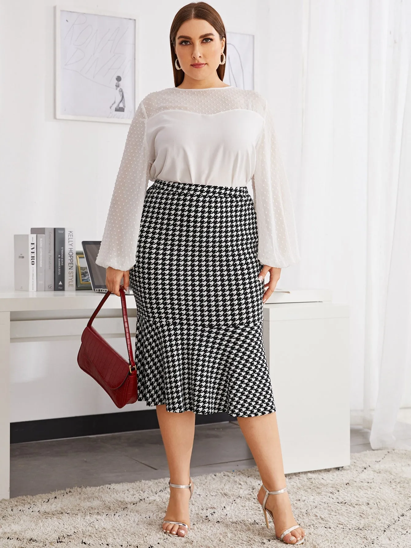 Houndstooth Ruffle Hem Long Plus Size Skirt