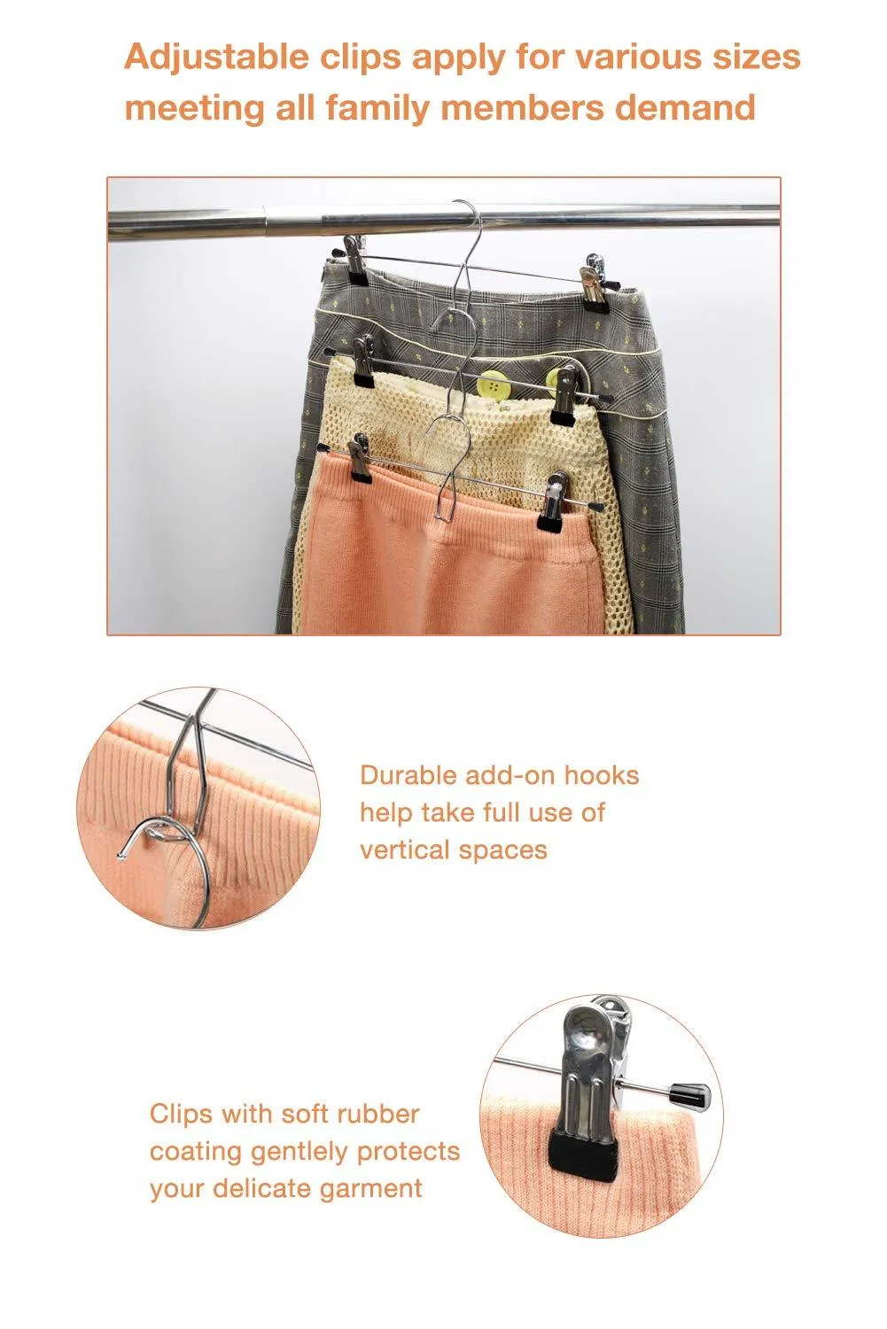 JS HANGER Add-On Solid Metal Pant Hangers Skirt Hangers with 2-Adjustable Clips, 12-Pack