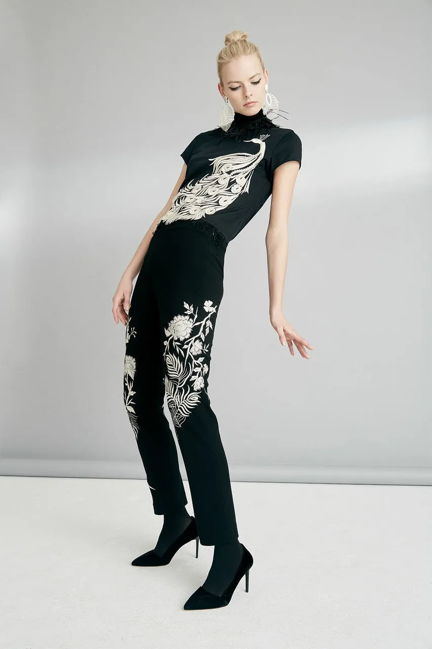 Knit Crepe Pants With Peacock Embroidery