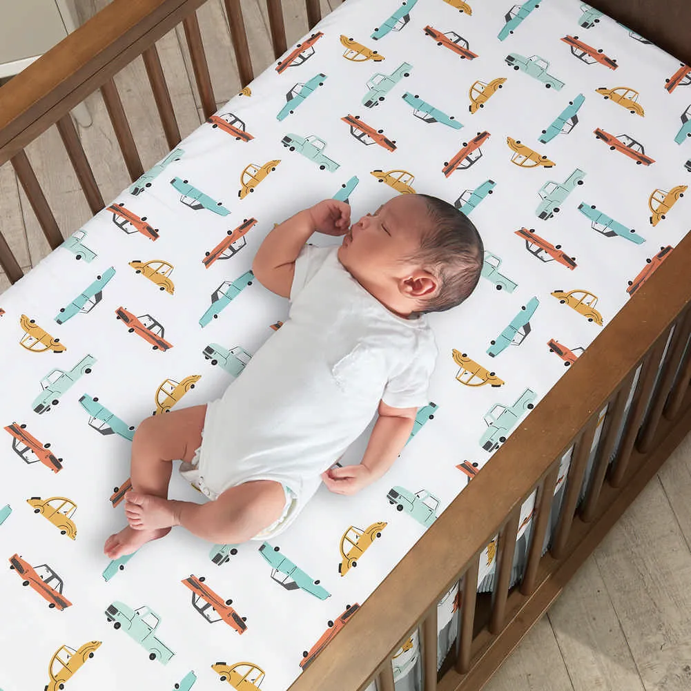 Lambs & Ivy Car Tunes Fitted Crib Sheet - White