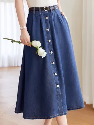 Lauren Classic Pleated Button Denim Skirt