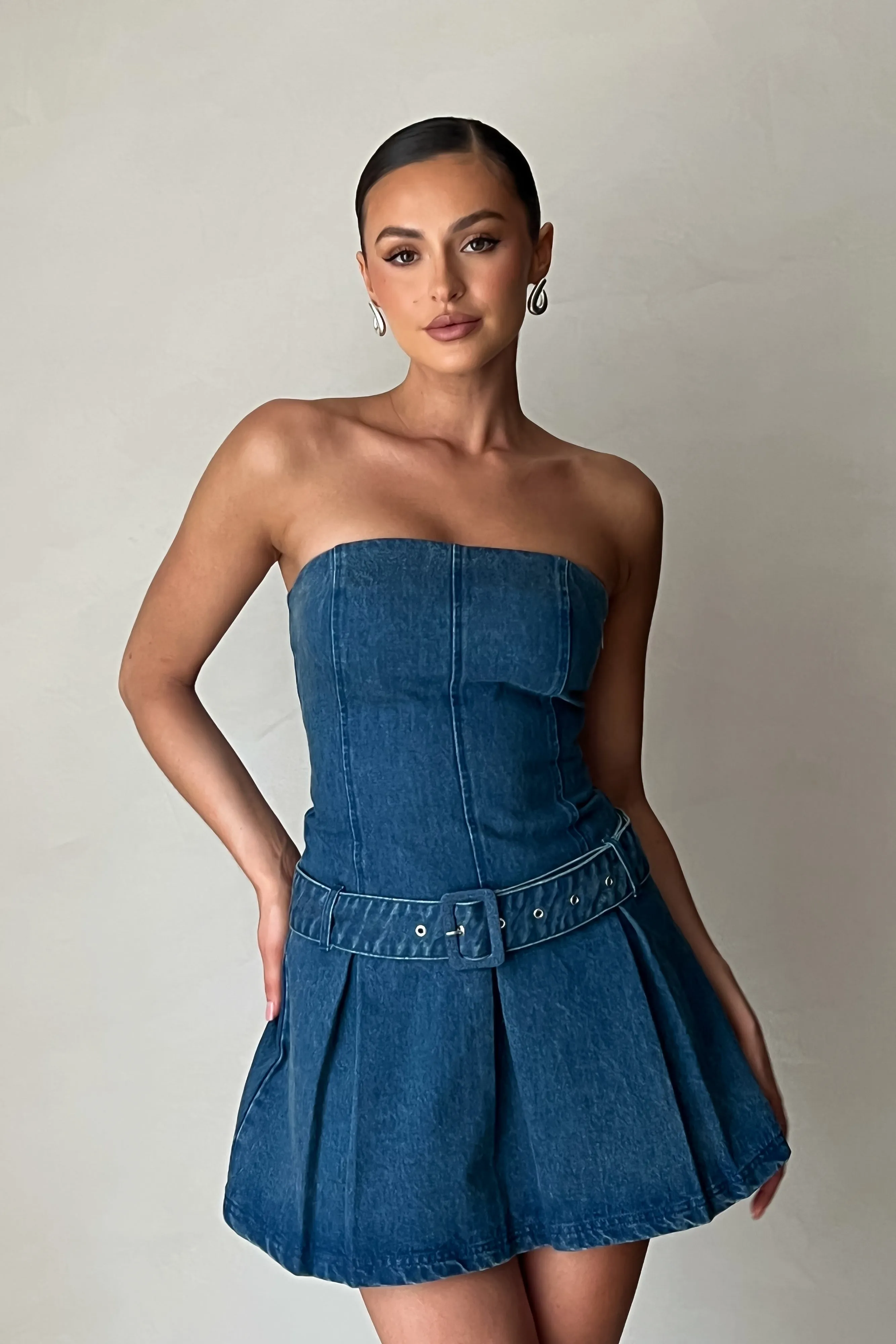 Lee Denim Pleated Mini Dress - Dark Blue