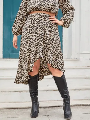 Leopard Ruffle Hem Midi Plus Size Skirts