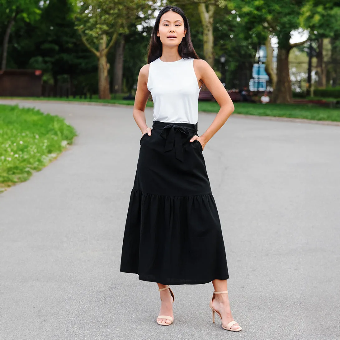 Linen Knit - Tie Waist Tiered Maxi Skirt - Black - Final Sale!