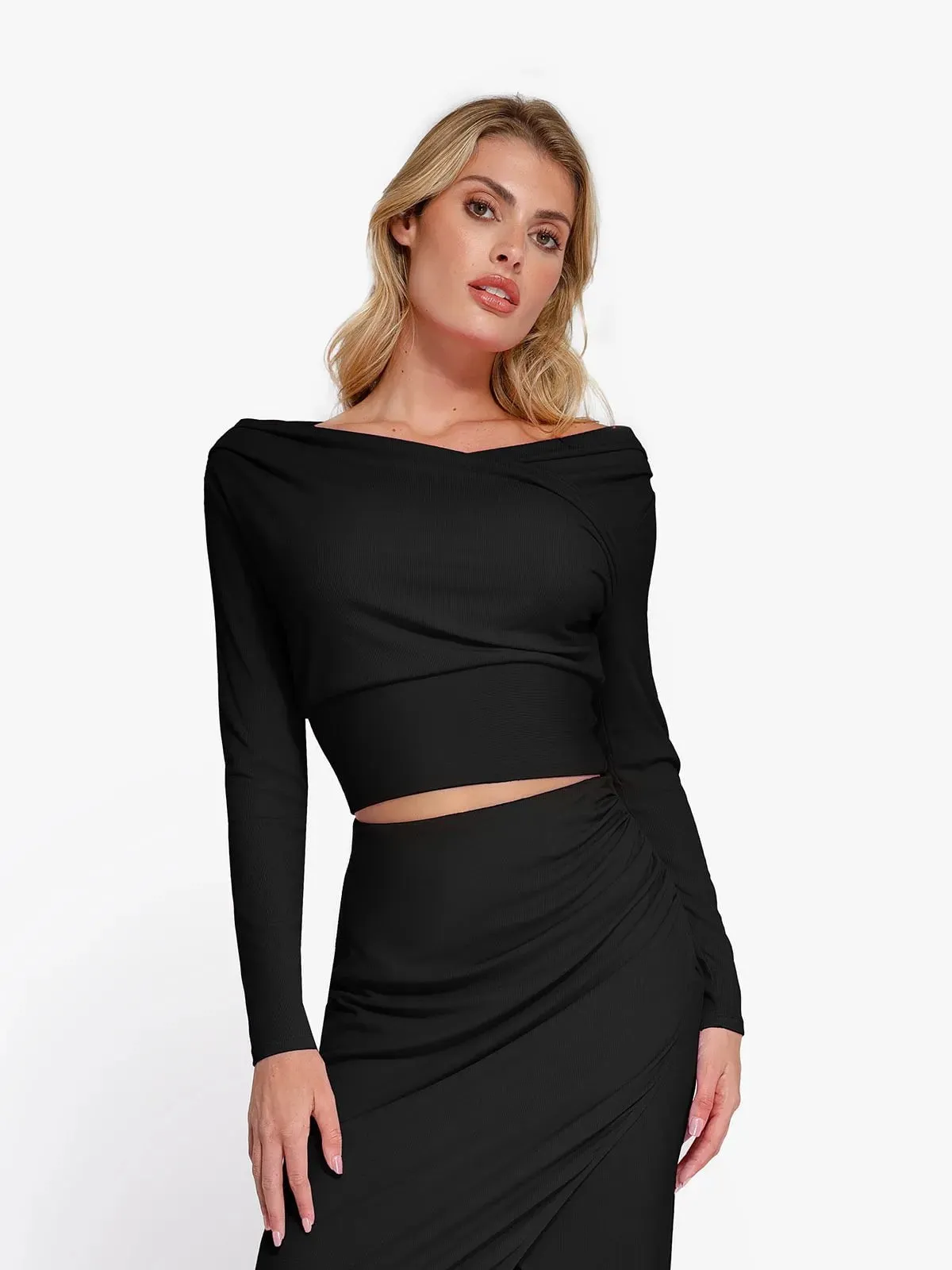 Long-Sleeve Rib Modal Off-the-Shoulder Slimming Crop Top