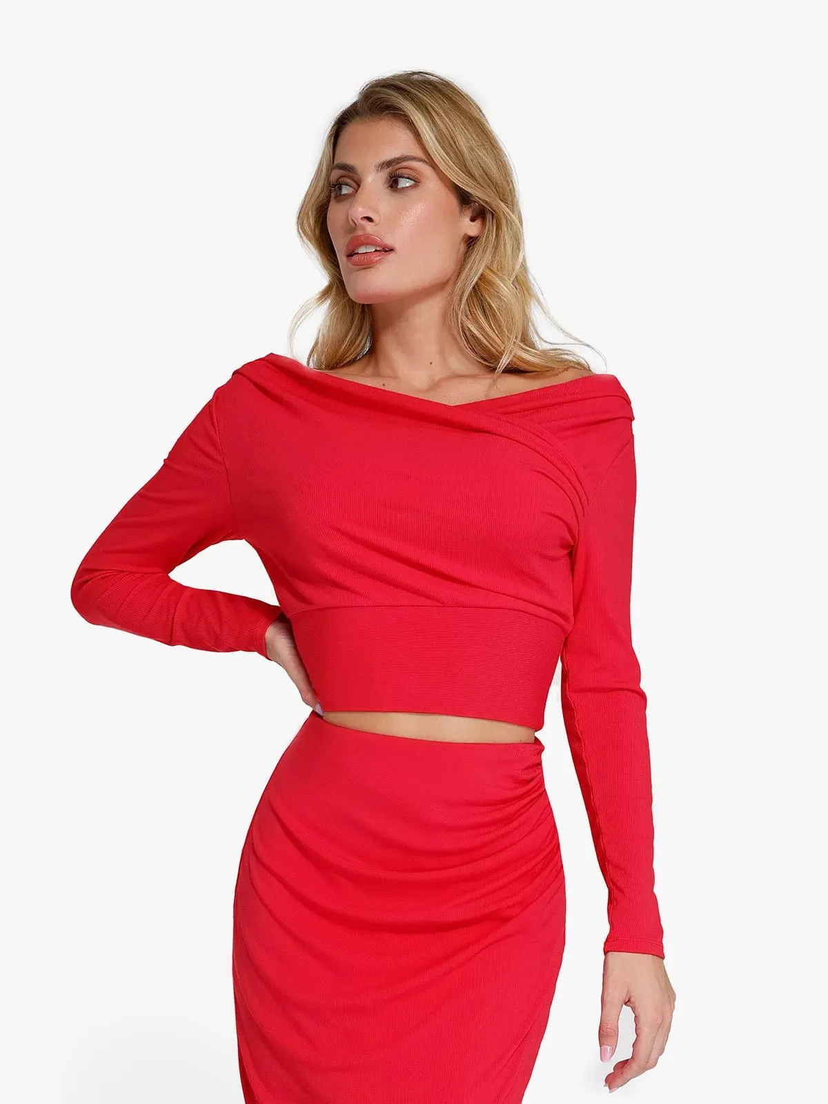 Long-Sleeve Rib Modal Off-the-Shoulder Slimming Crop Top