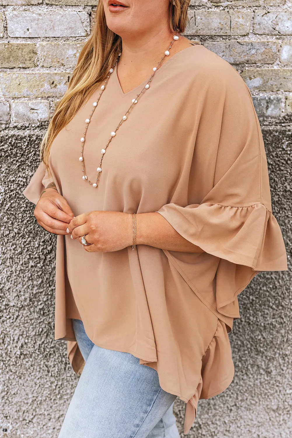 Marisol Plus Size Ruffled Batwing Sleeve V Neck Blouse