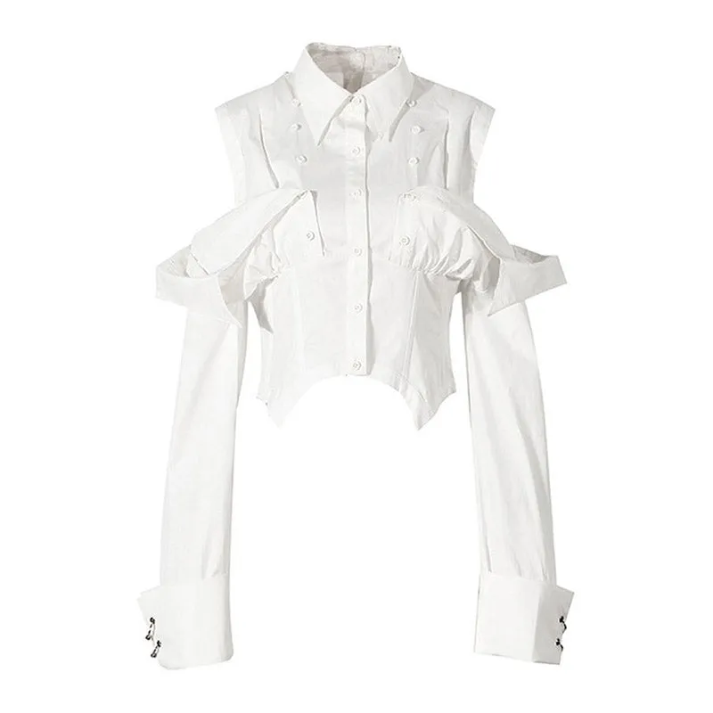 Metal Ring Removable Long Sleeve Collared Button Down Corset Shirt