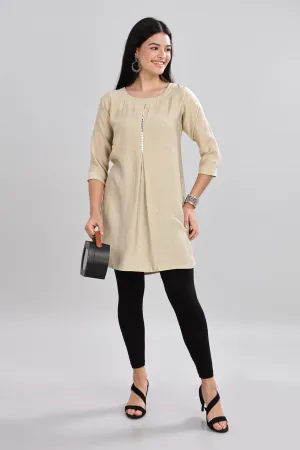 Mythri Round Neck Embroidered Top With 3/4th Sleeve  - Beige - TO16