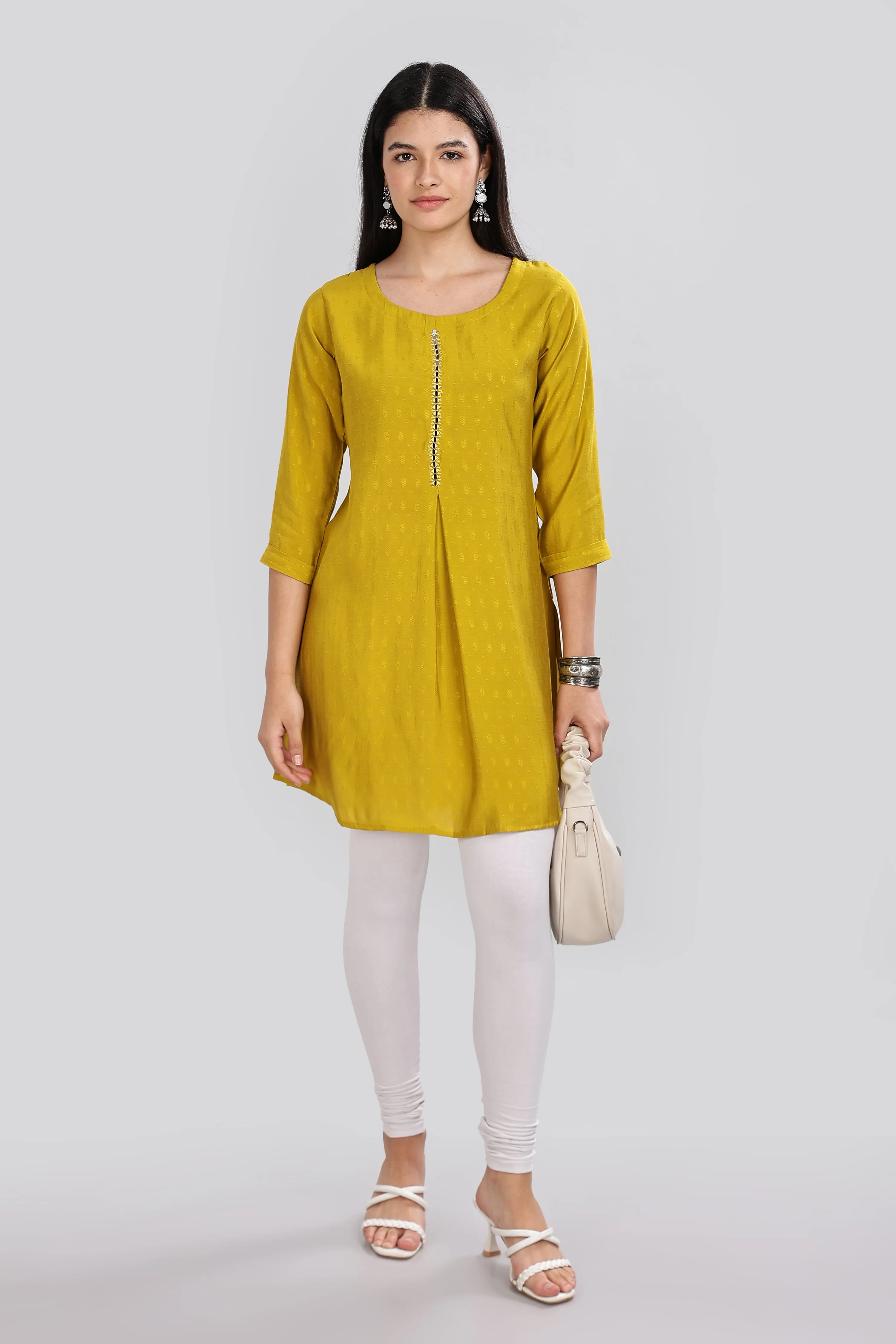 Mythri Round Neck Embroidered Top With 3/4th Sleeve  - Mustard - TO19