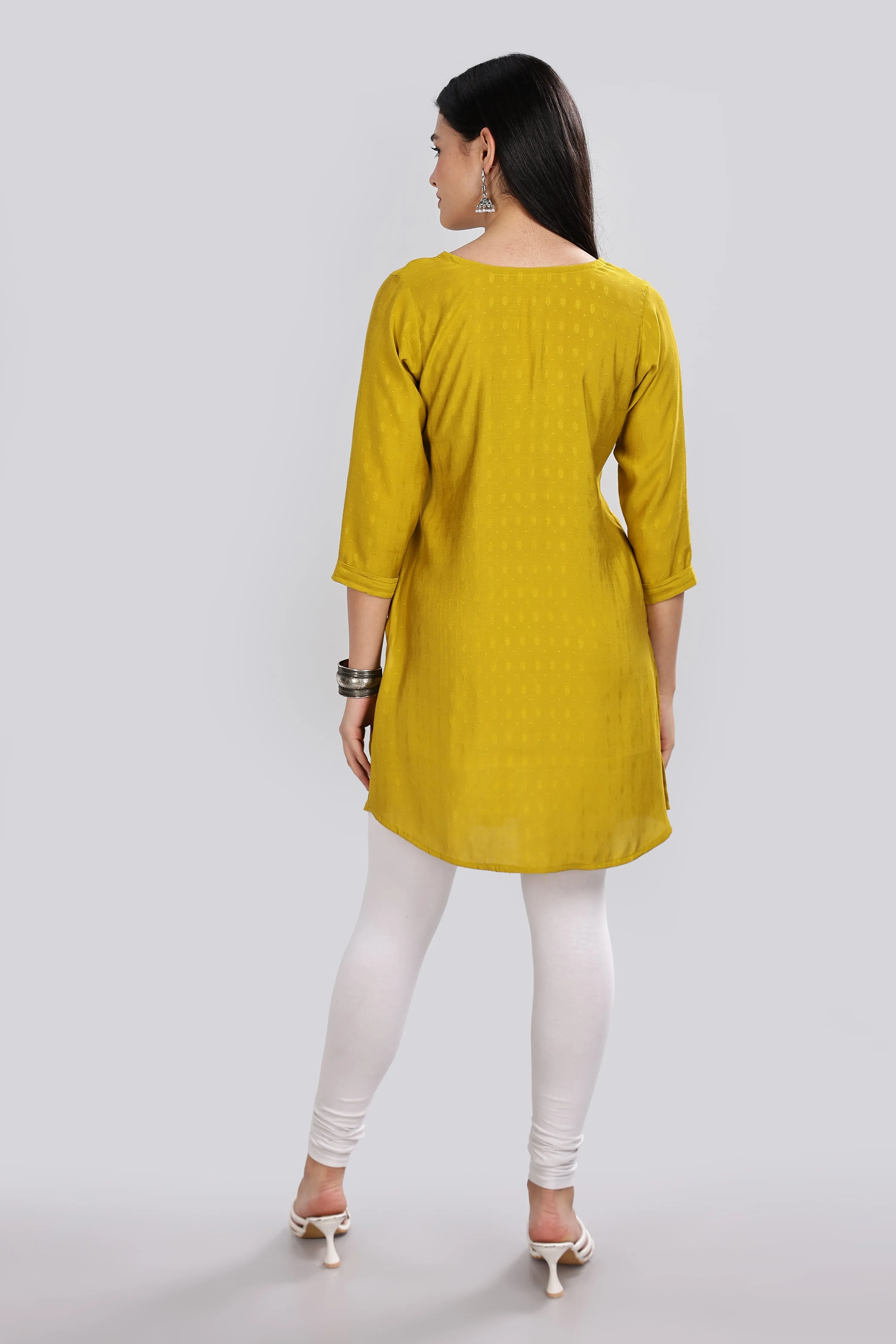 Mythri Round Neck Embroidered Top With 3/4th Sleeve  - Mustard - TO19