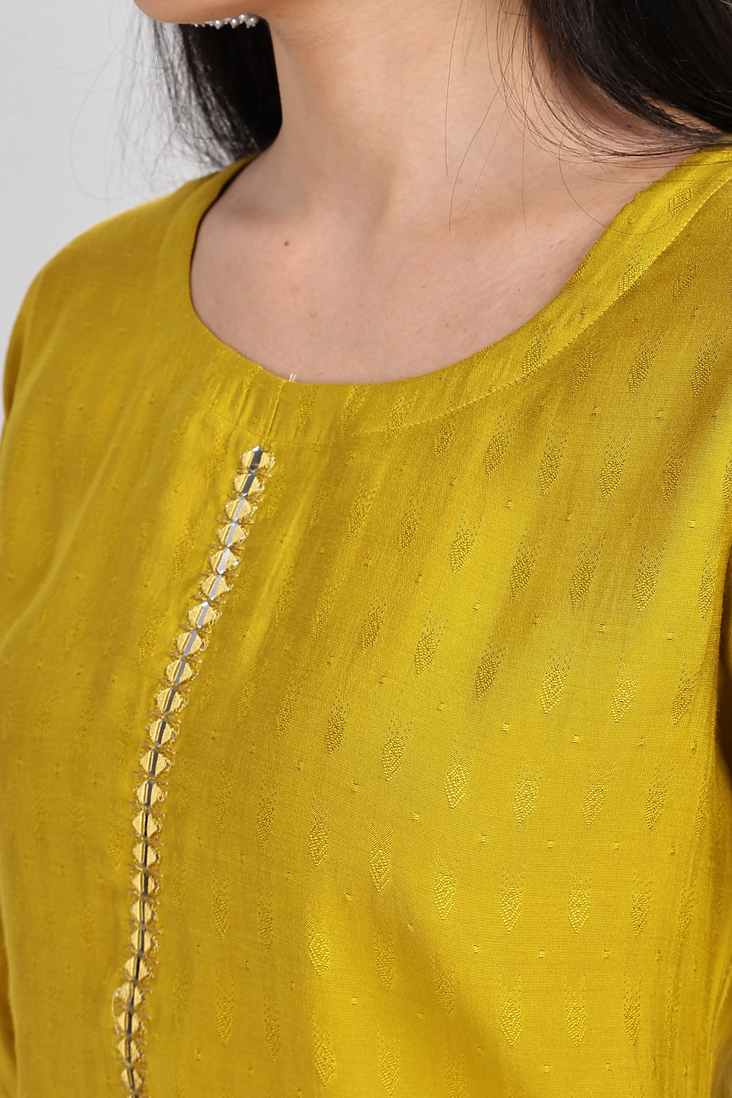 Mythri Round Neck Embroidered Top With 3/4th Sleeve  - Mustard - TO19