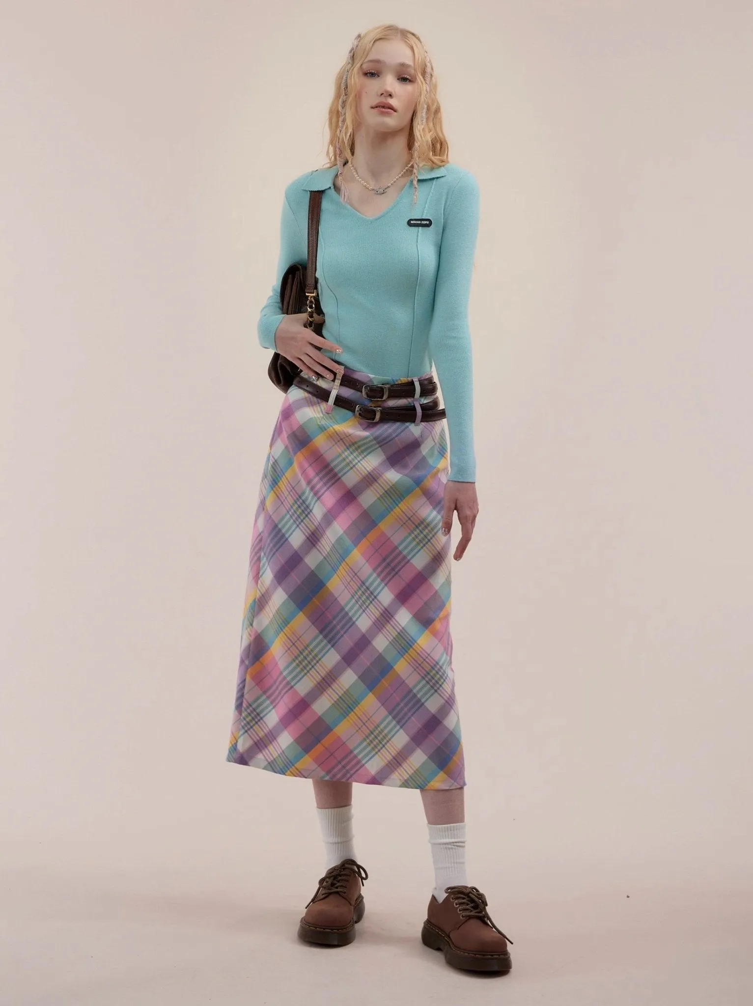 Pastel Plaid Midi Skirt