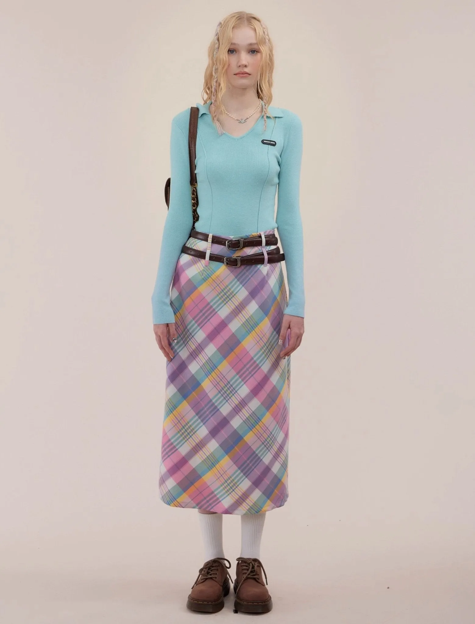 Pastel Plaid Midi Skirt