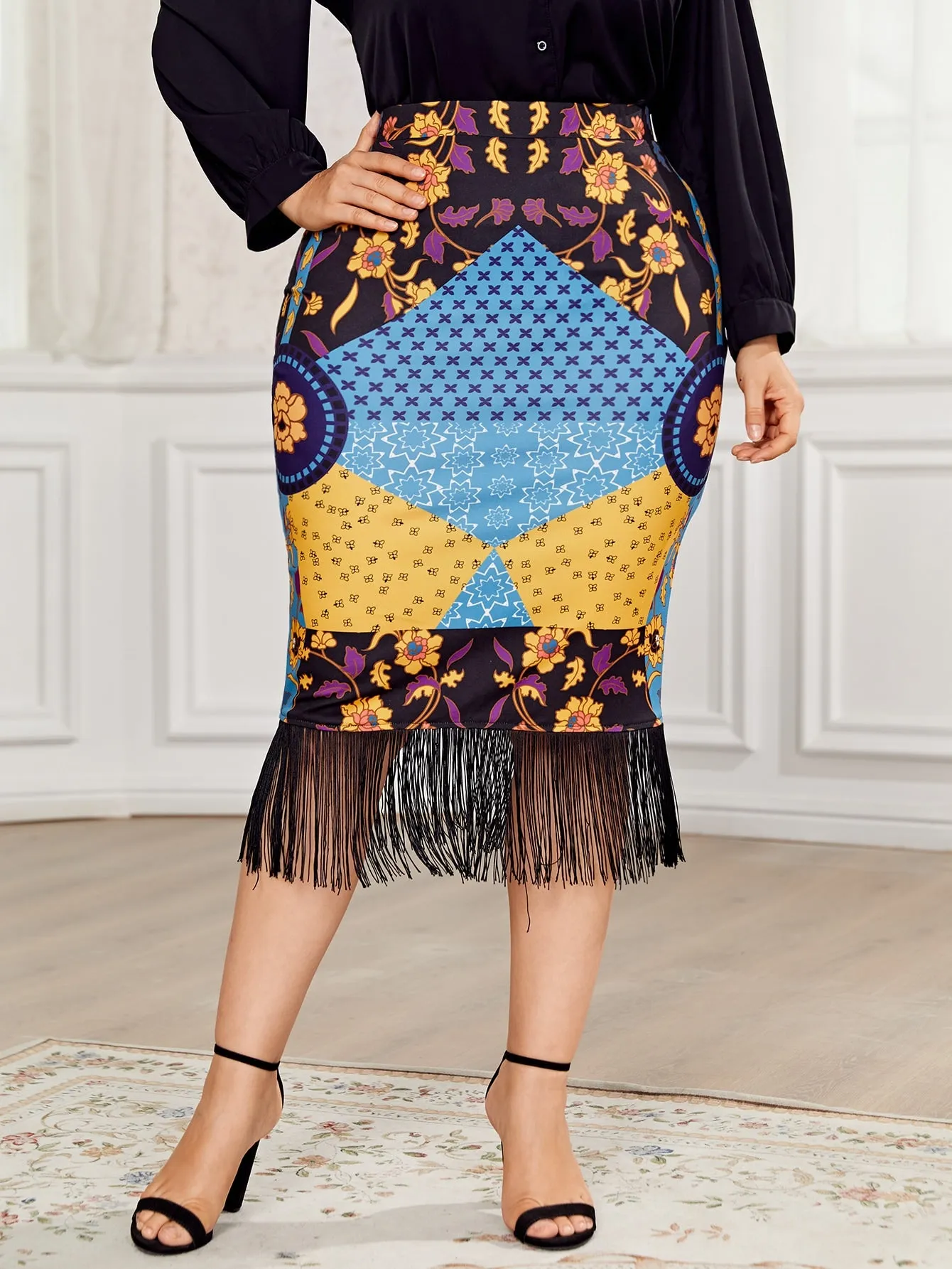 Patchwork Fringe Midi Plus Size Skirt