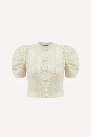 Pearl Button Knit Sweater with Puff Sleeves