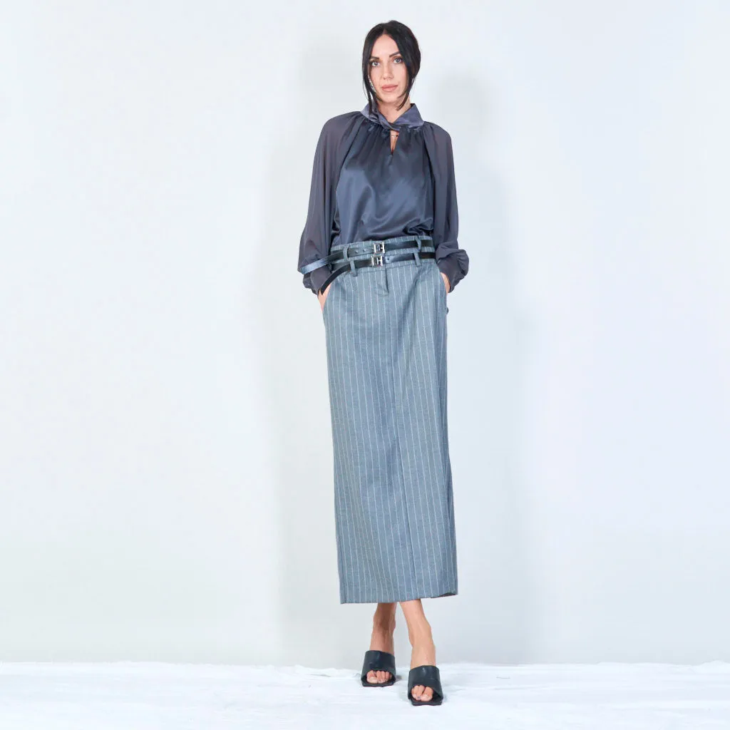 Pinstripe midi pencil skirt with double belt wholesale