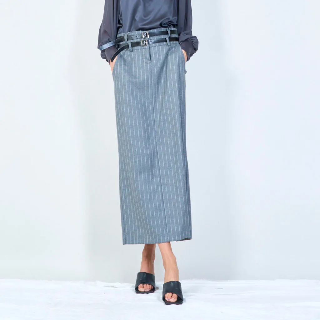 Pinstripe midi pencil skirt with double belt wholesale